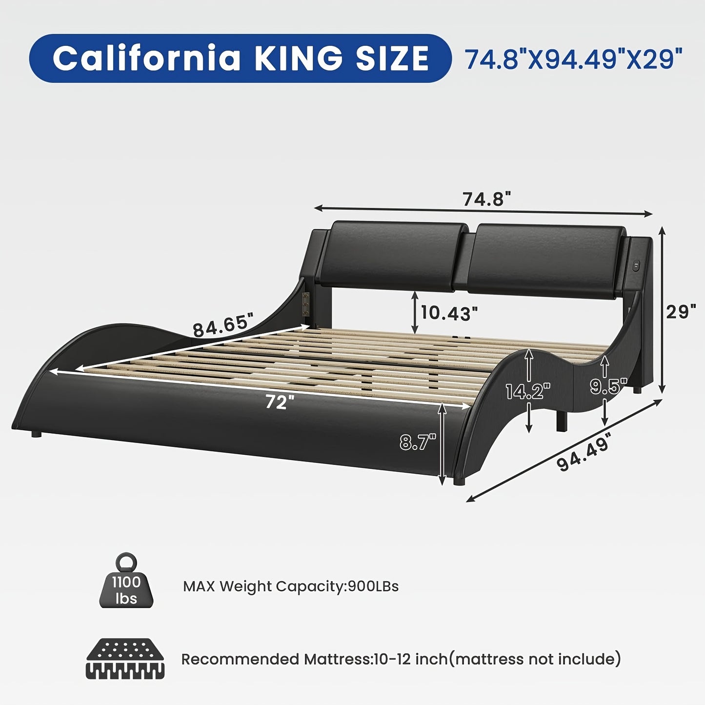 Modern Black Bed Frame with RGB LED Lights, USB & Type-C Ports - Easy Assembly, Faux Leather Wave Design Headboard