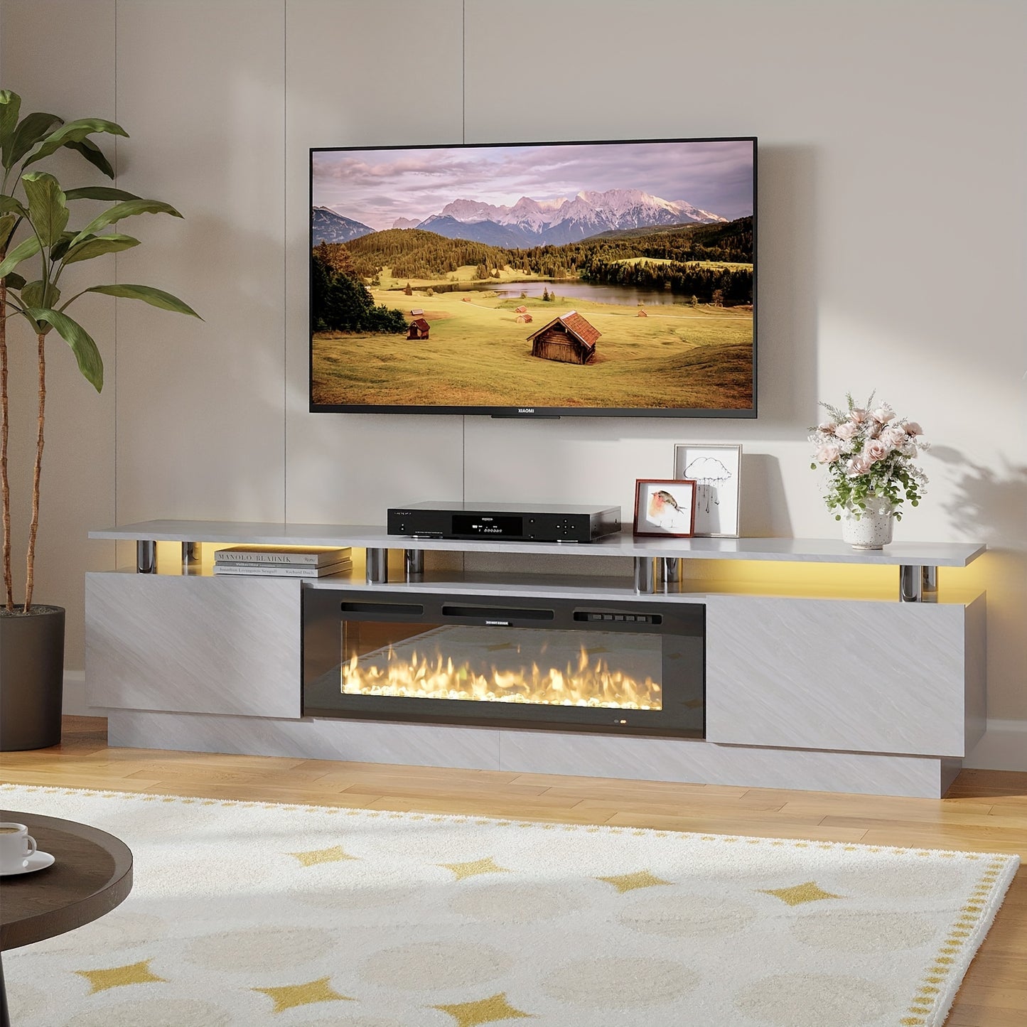 Fireplace TV Stand With 36" Fireplace, Modern High Gloss Fireplace Entertainment Center LED Lights, TV Console Cabinet For TVs Up To 80"