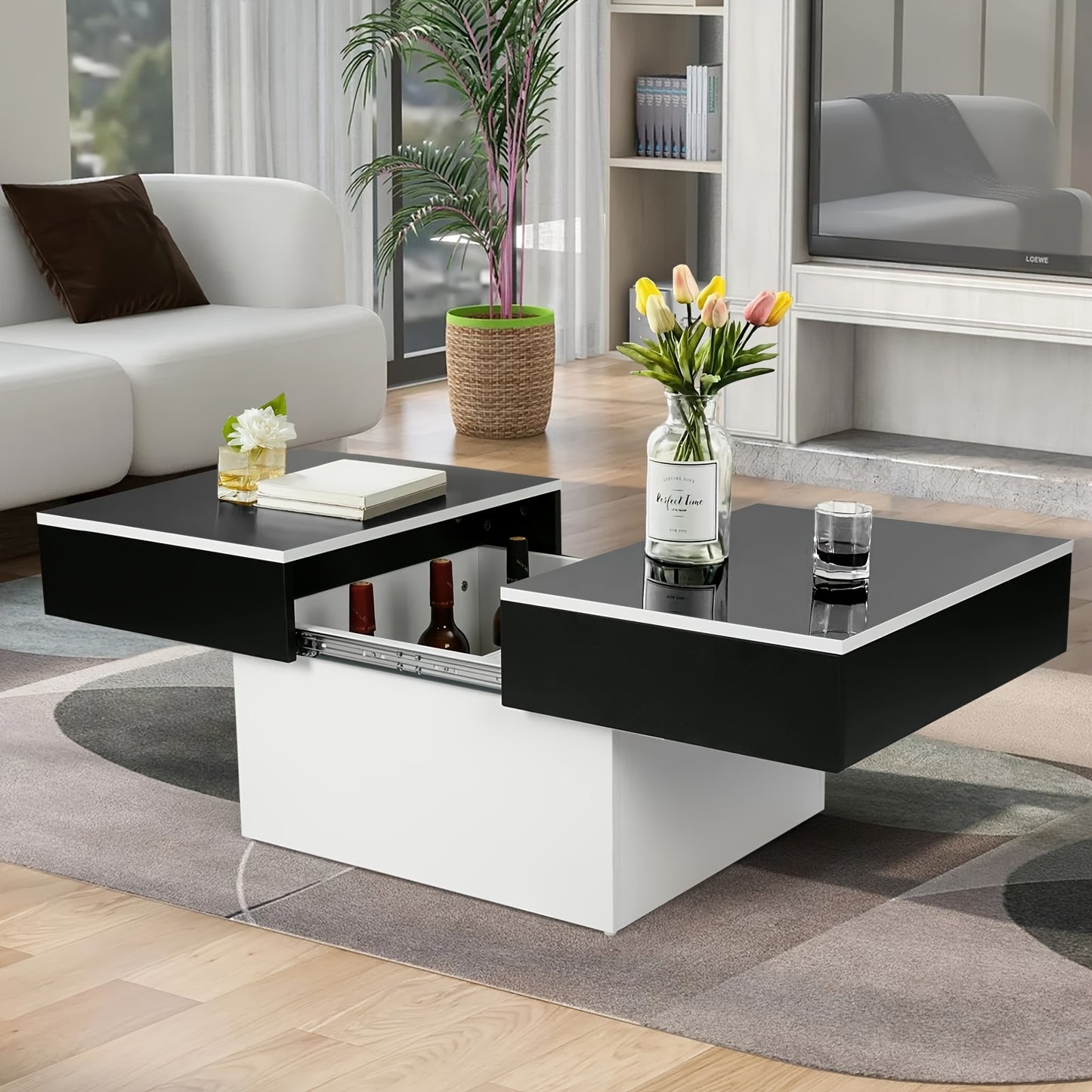 Extendable Coffee Table With 2 Storage Spaces, High Gloss Finish Table Top