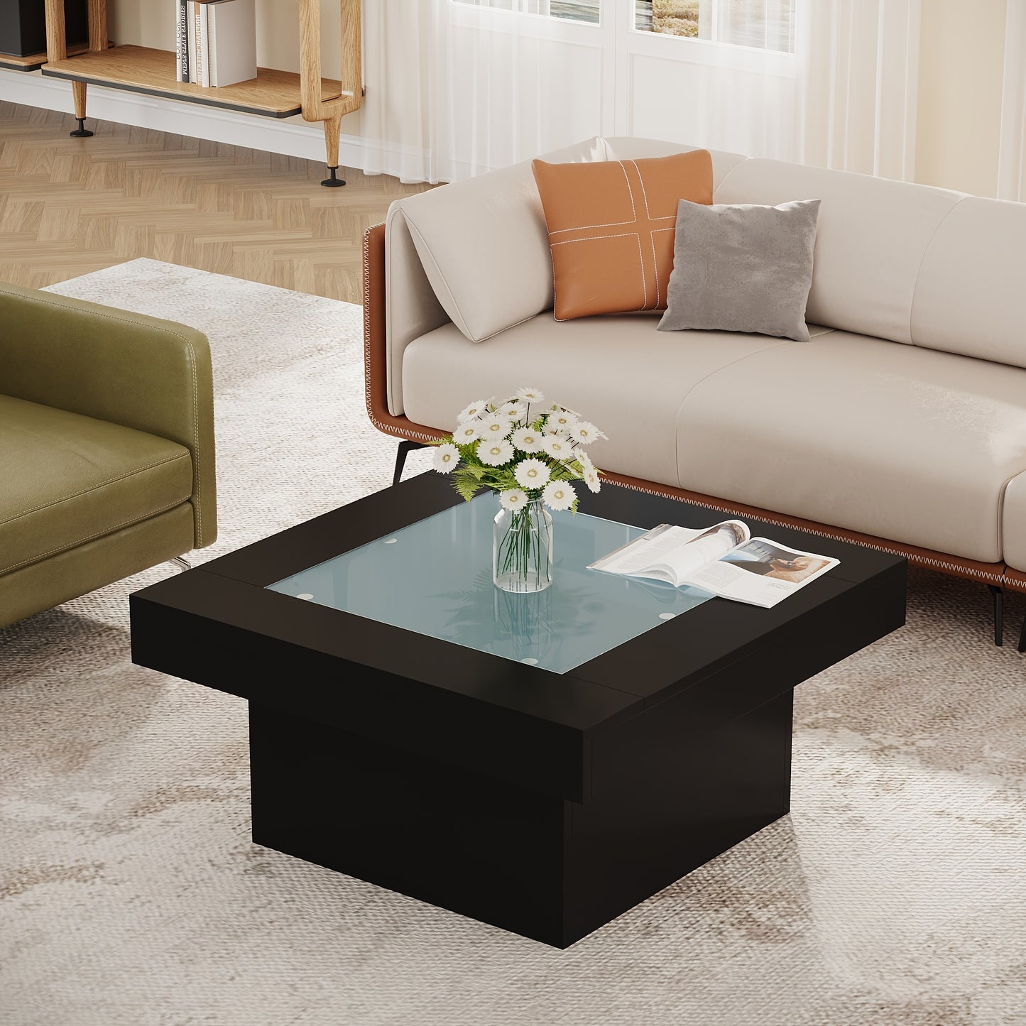 Modern 35.4" Square Coffee Table with LED Lights - Large Black Centerpiece, Tempered Glass Top & Engineered Wood Frame for Living Room or Home Office