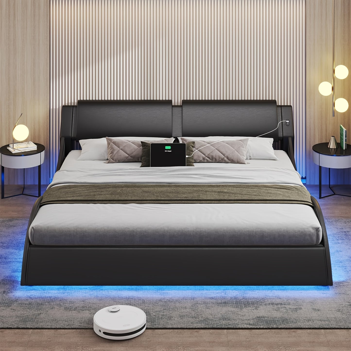 Modern Black Bed Frame with RGB LED Lights, USB & Type-C Ports - Easy Assembly, Faux Leather Wave Design Headboard