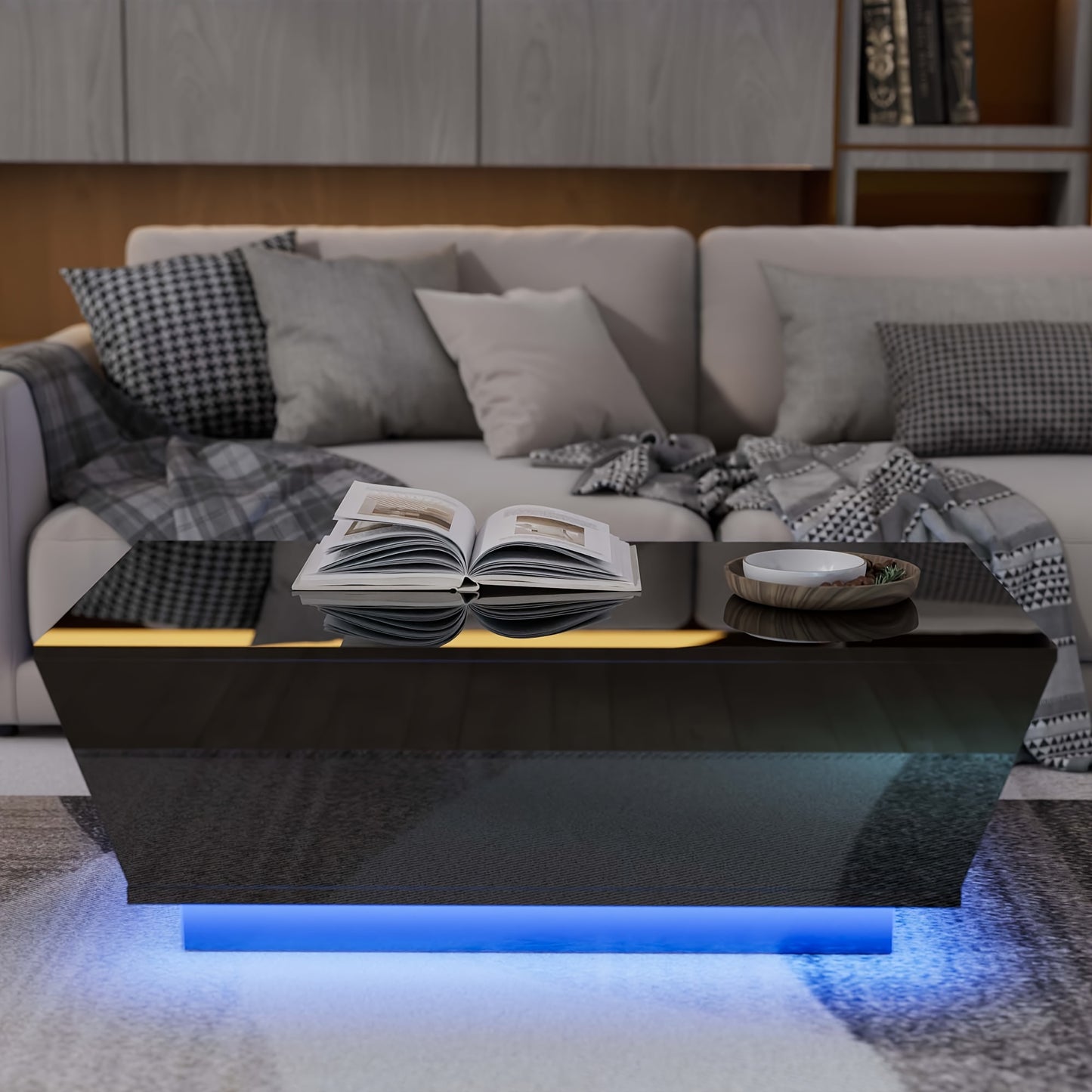 Aurorome High Gloss Coffee Table Center Cocktail Table With LED Lights & Sliding Drawers, Modern Coffee Table With LED Lights, High Gloss Coffee Table With Storage Drawers, Contemporary Center Table For Living Room, Black