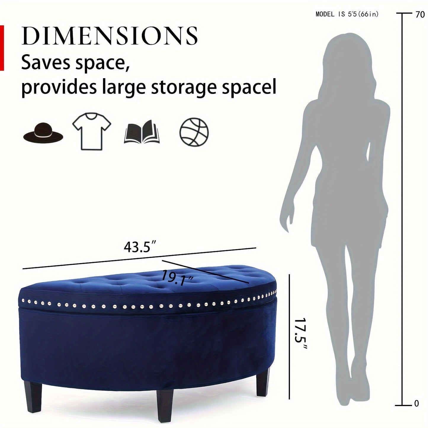 43.5" Storage Bench Velvet Button Tufted Half Moon Storage Ottoman With Rivet Storage Bench For Living Room Bedroom Entryway