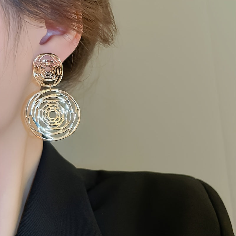 Elegant Middle Eastern Style Round Hollow-Out Earrings, Luxurious Alloy with 925 Silvery Posts for Daily Wear and Parties