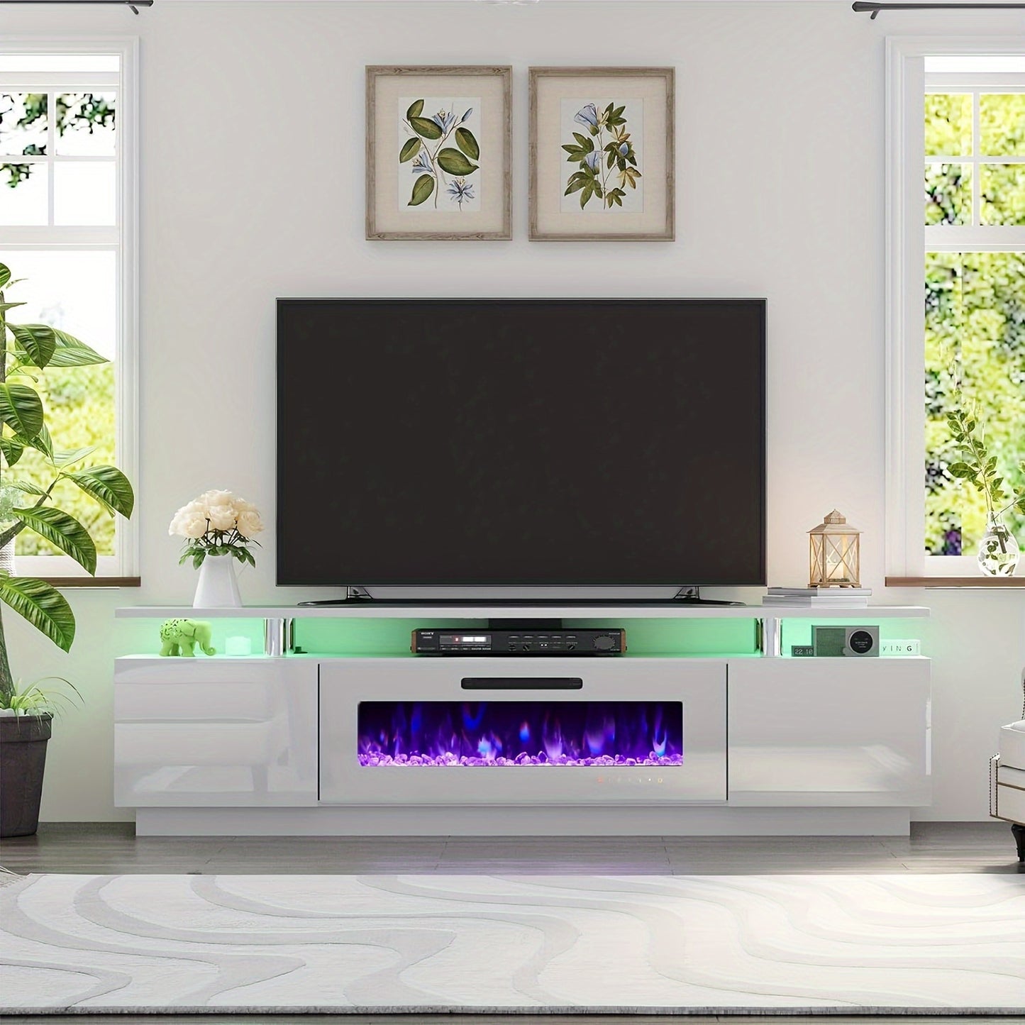 LUXOAK Modern TV Stand With 36" Electric Fireplace, High Gloss Media Console With Open Storage, LED Lights - Entertainment Center For TVs Up To 80"