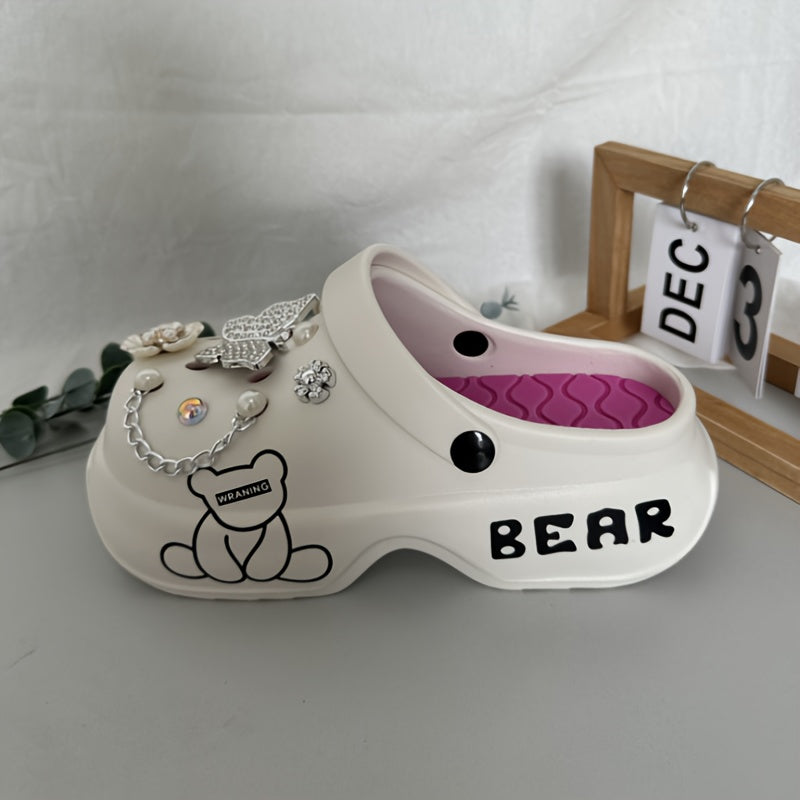 Casual Cartoon Bear Pattern Mules & Clogs for Women, Breathable EVA Platform Heel Clogs with Bow Embellishment, Versatile Indoor/Outdoor Fashion Footwear - Quanzhou Manufactured