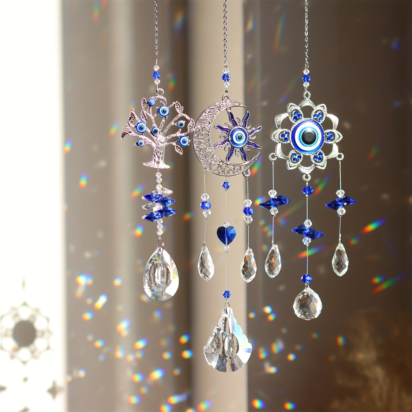 3 Handmade Evil Eye Crystal Sun Catchers, Suitable For Home And Garden Decoration - Resist Negative Energy And Bring Good Luck