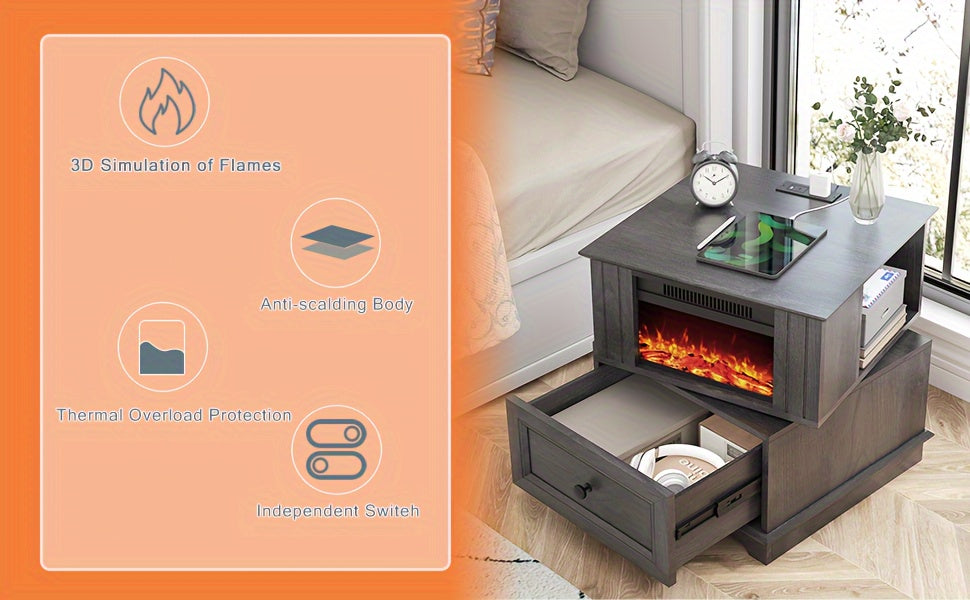 Rotating End Table with 13" Electric Fireplace Screens, Side Table with Fast Charging Station, 1400W Fireplace End Table with Storage, Wooden Side Table for Living Room, Bedroom, Office