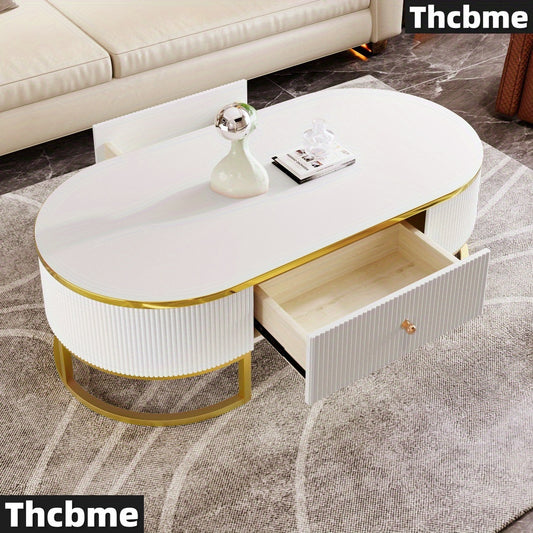 [1 Modern Oval Coffee Table] Thcbme Modern Oval Coffee Table, Wood Frame & Top, Space-Saving Curved Profile Design, with 2 Large Drawers, Golden Metal Accents, for Living Room, Office, Bedroom - White & Golden