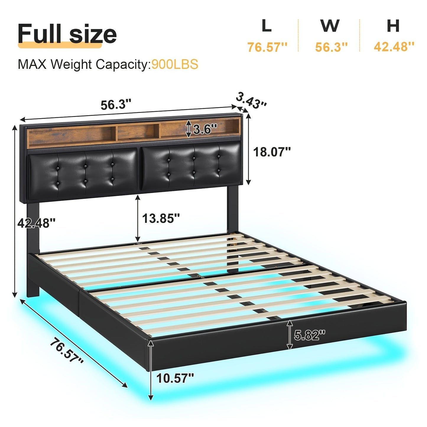 Full Floating Bed Frame With Led Lights And Charging Ports Modern Visual Floating Platform Bed Full Size With Storage And Tufted Buttons Headboard, Faux Leather, No Box Spring Needed, Black