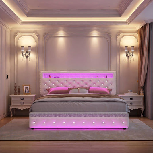 Sibeds Queen Size Bed Frame With LED Lights, Upholstered Bed Frames Full With 2 Storage Drawers, King Size Platform Bed With Adjustable Crystal Button Tufted Headboard, No Box Spring Needed, PU Luxury Beds Girls Men's Bedroom