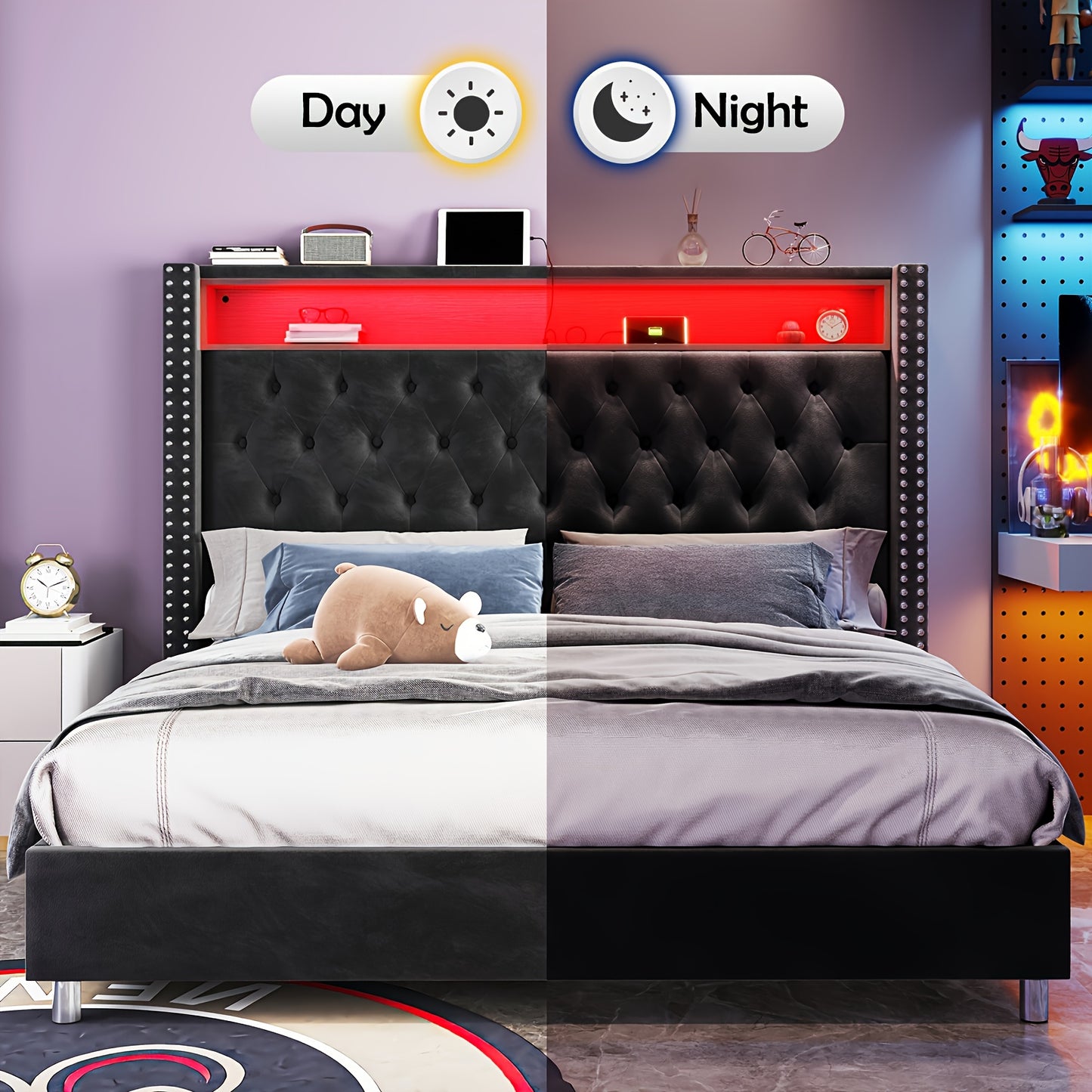 PaPaJet Velvet Upholstered Platform Bed Frame with LED Lights&Srorage Wingback Headboard