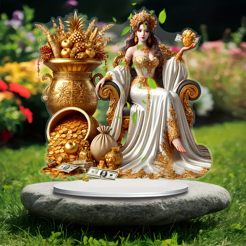 2D Flat, Elegant Wealth Goddess Acrylic Desktop Display - Regal Woman with Golden Crown and Treasures, Ideal for Home & Office Decor, Includes Stand