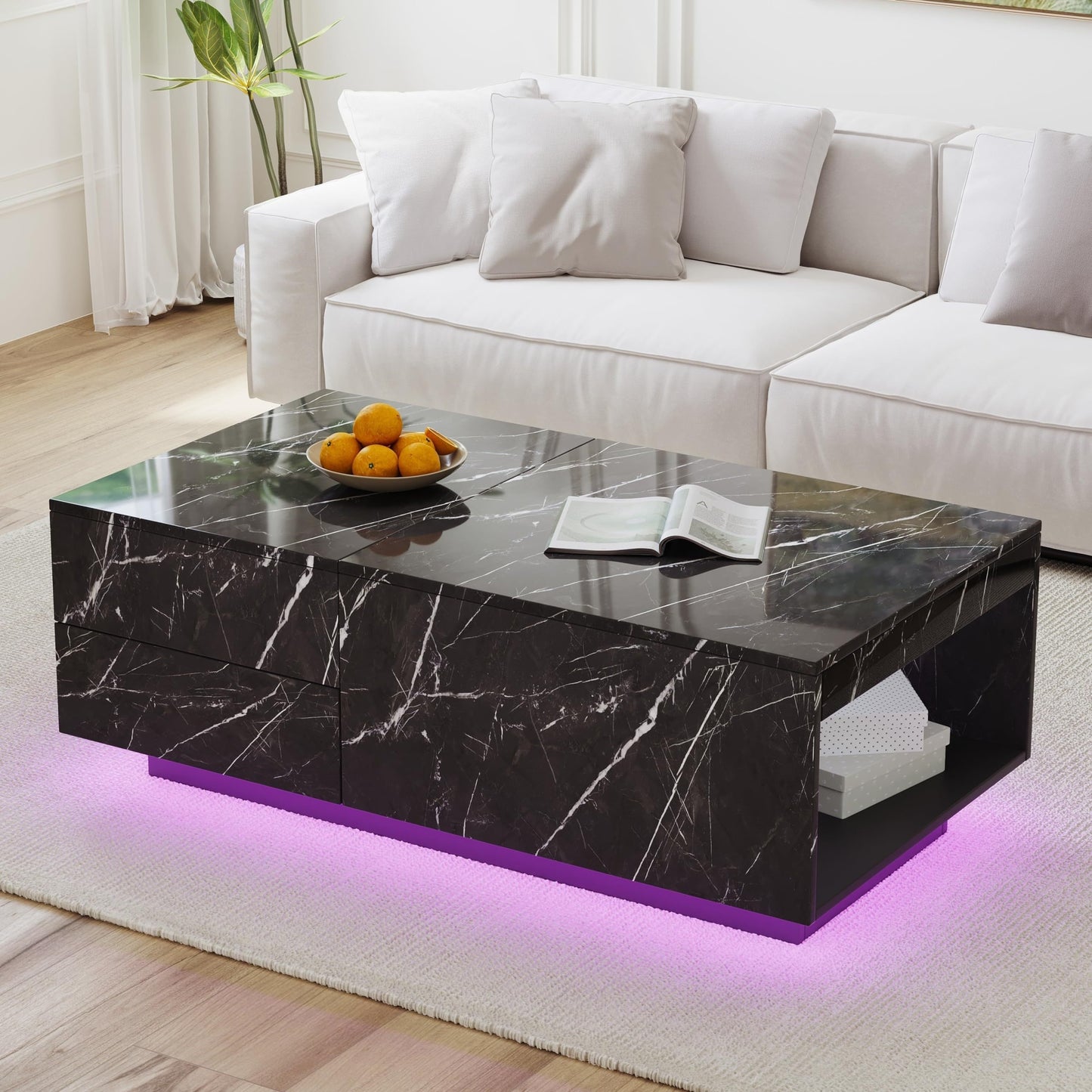 LED Coffee Table, 43" UV High Gloss Modern Center Table With 2 Drawers & Hidden Storage Compartment & Open Compartments, Modern Extendable Cocktail Table (Marble Black Or White)