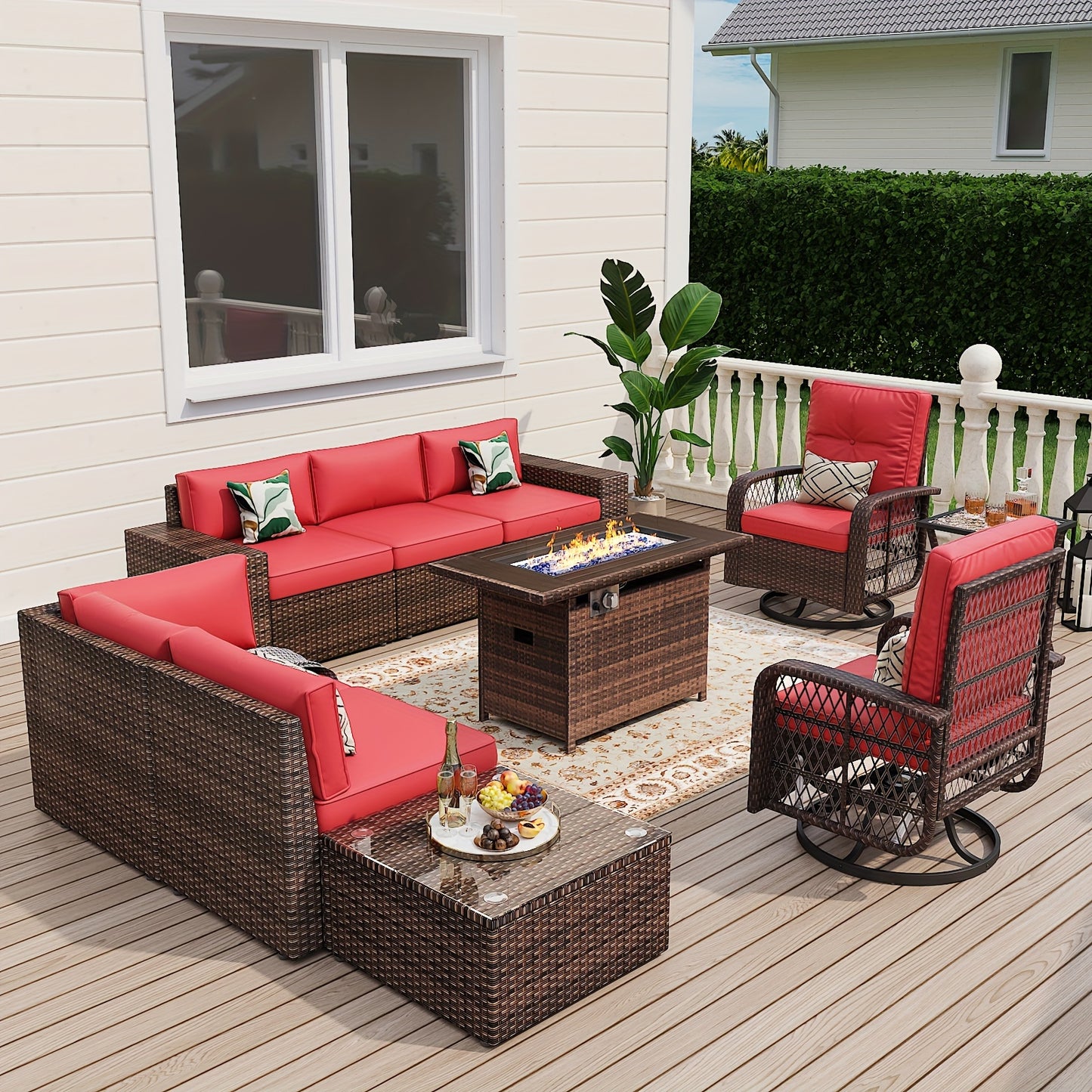 10 Pieces Patio Furniture Outdoor Sectional Sofa Swivel Rocking Chairs Wicker Rattan Conversation Sets With Fire Pit Table For Garden, Deck And Backyard (Red)