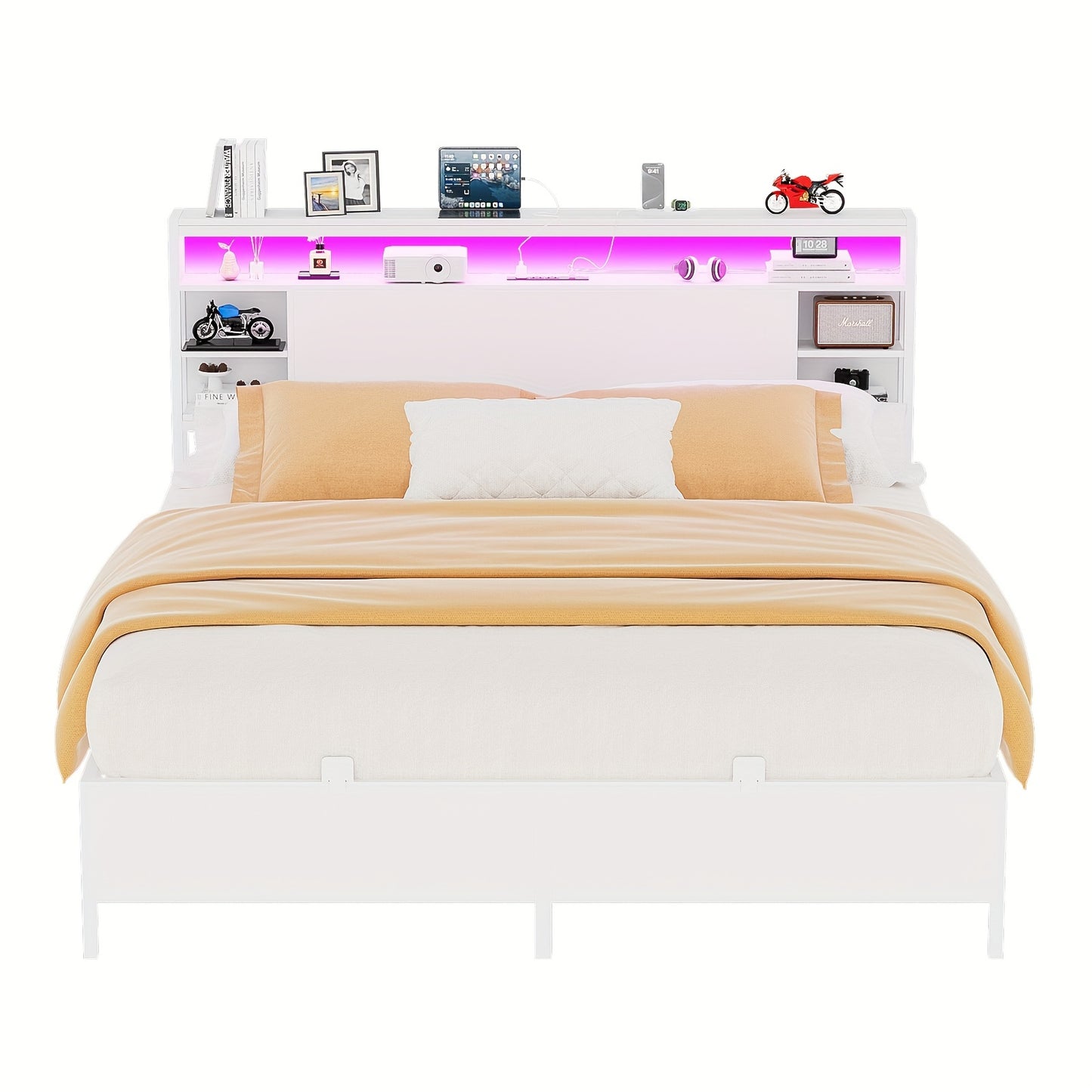 Unikito King Size Bed Frame With Storage Headboard, Power Socket And Smart LED Lights, Sturdy And Stable Platform Bed, Heavy Duty Metal Slats, Noise Free, No Box Spring Needed, Easy To Assemble, White