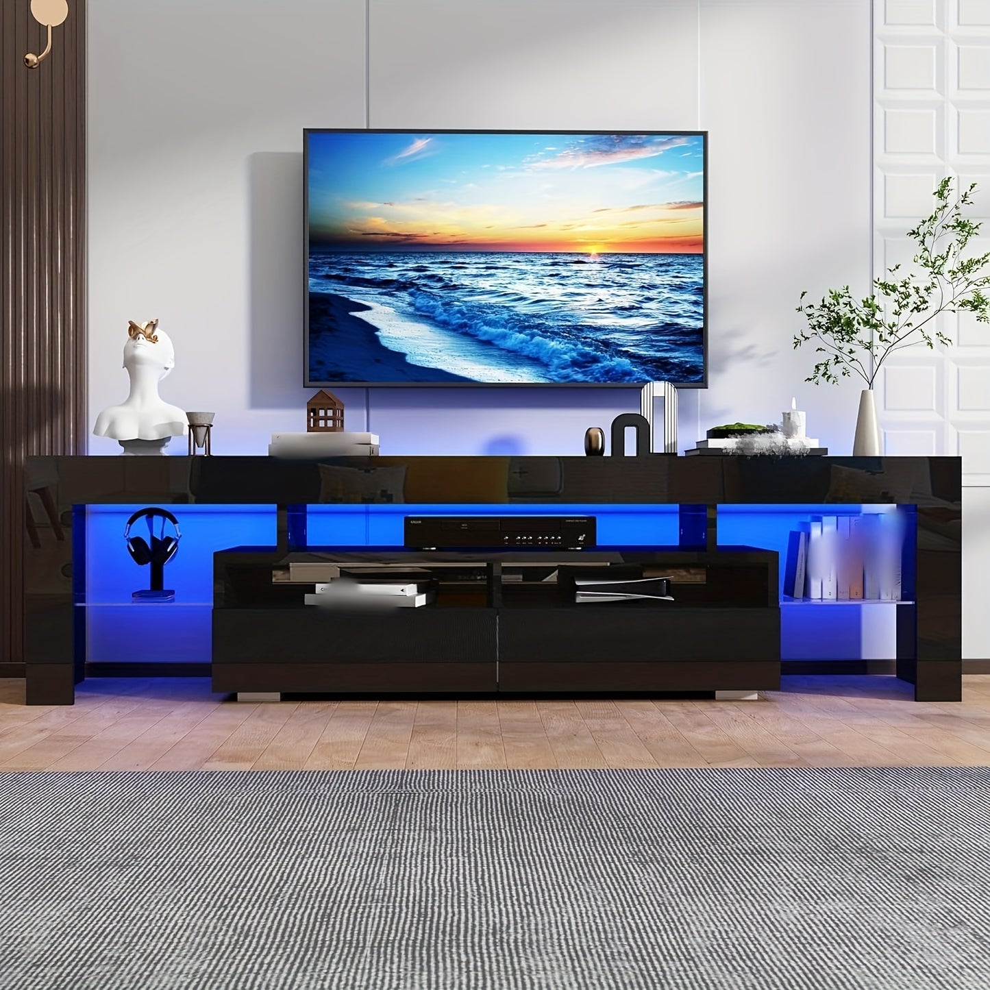 Modern LED TV Stand for Living Room, Black TV Stand, High Gloss TV Entertainment Center with Storage Drawer, APP RGB Light, TV Console