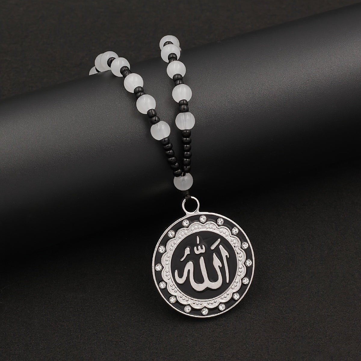 Islamic Calligraphy Pendant Necklace - Fashionable Zinc Alloy with Magnetic Hematite, Rhinestone Accents for Men & Women - Perfect Ramadan Gift