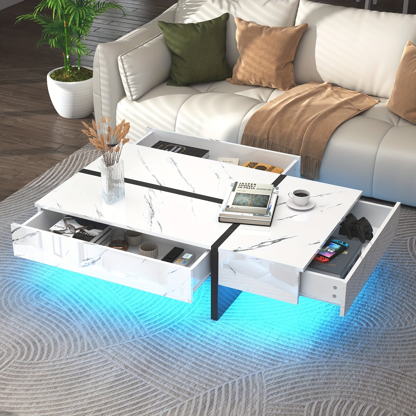 47" Rectangular Coffee Table With LED Light And Storage Drawers, Modern High Gloss Coffee Tables For Living Room