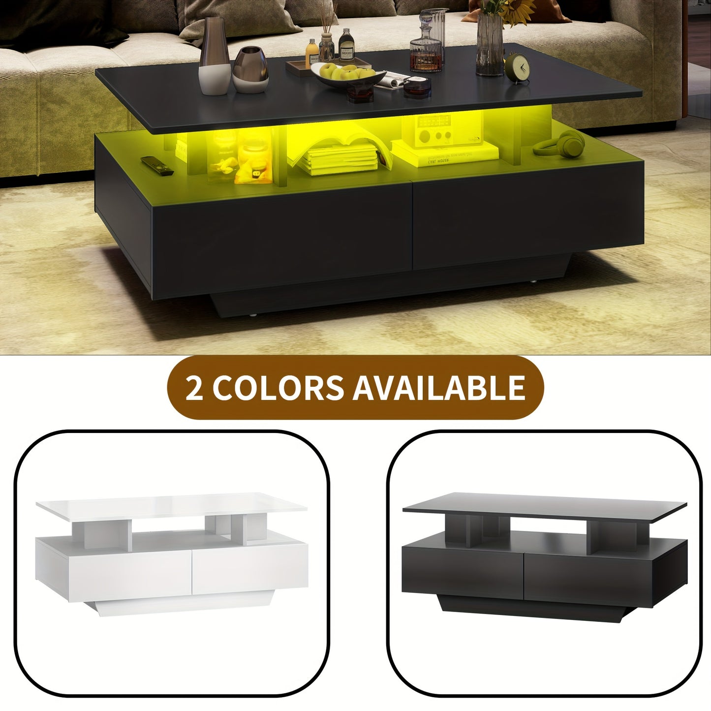 Xelsyo Modern LED Coffee Table with RGB Light System, 20 Colors & 4 Modes, High Gloss Finish, Double-Layer Storage & 4 Drawers, Suitable for Office, Living Room, 21.7"D X 35.4"W X 16.2"H