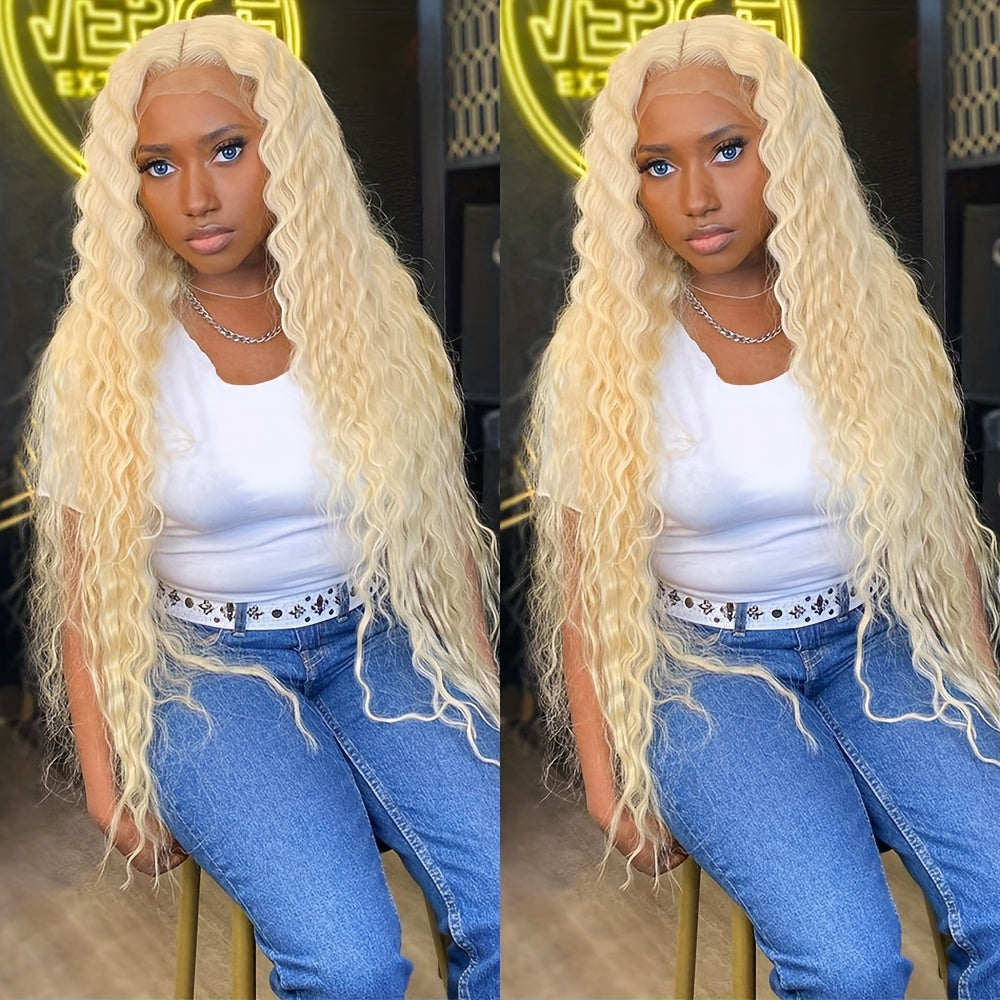 32 Inch Platinum Blonde Lace Front Wigs For Women 13*4 Inch Curly Wave Synthetic Heat Resistant Fiber Long Loose Curly Wave Preplucked Hairline Glueless Lace Front Wig For Daily Party Use