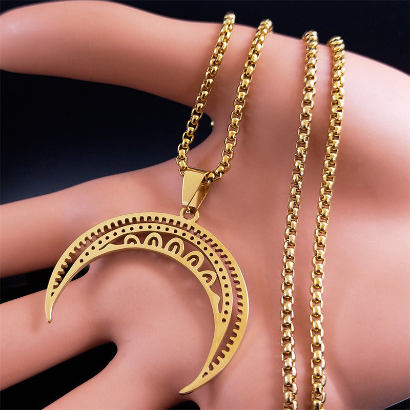 Elegant Golden-Toned Stainless Steel Crescent Moon Pendant Necklace with Intricate Patterns - Gothic/Vintage Style, Perfect for Casual Attire