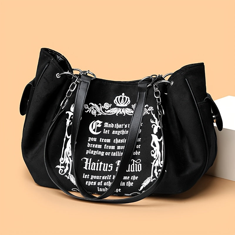 Vintage Gothic Letter Print Velvet Chain Shoulder Bag, Fashionable Soft Suede Large Capacity Messenger Tote, European Pattern, Honey Girl Style Canvas Lining, with Detachable Strap, Magnetic Closure, for Guangzhou