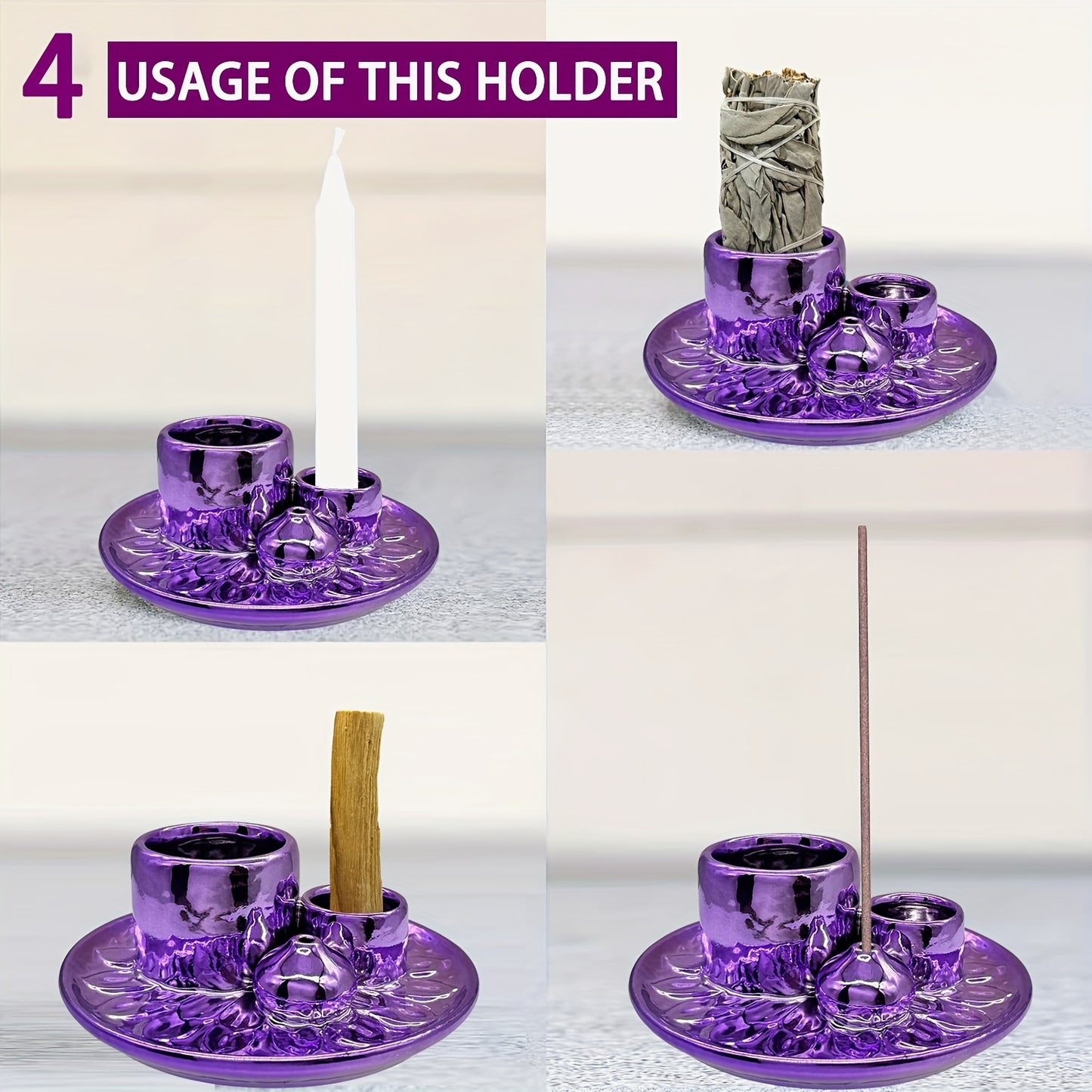 4-in-1 Ceramic Incense Burner Set - Electroplated, Ash Catcher Tray for Sage, Palo Santo & Candles - Perfect for Meditation, Yoga, Home Decor | Ideal for Halloween, Christmas, Valentine's, Thanksgiving