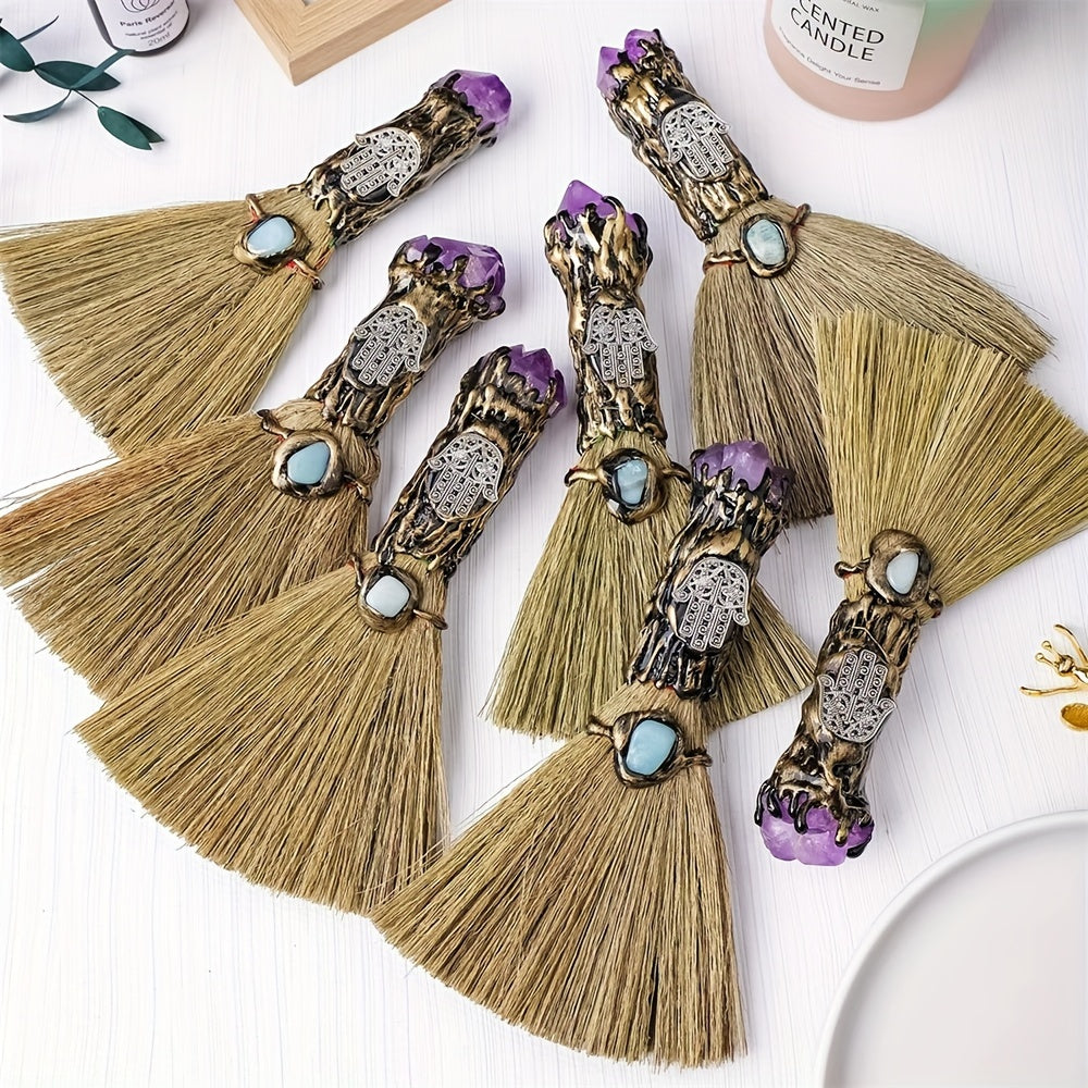 Bohemian Style Handcrafted Amethyst Crystal Mini Broom - Perfect for Halloween Decor, Witchy Home Accent & Reiki