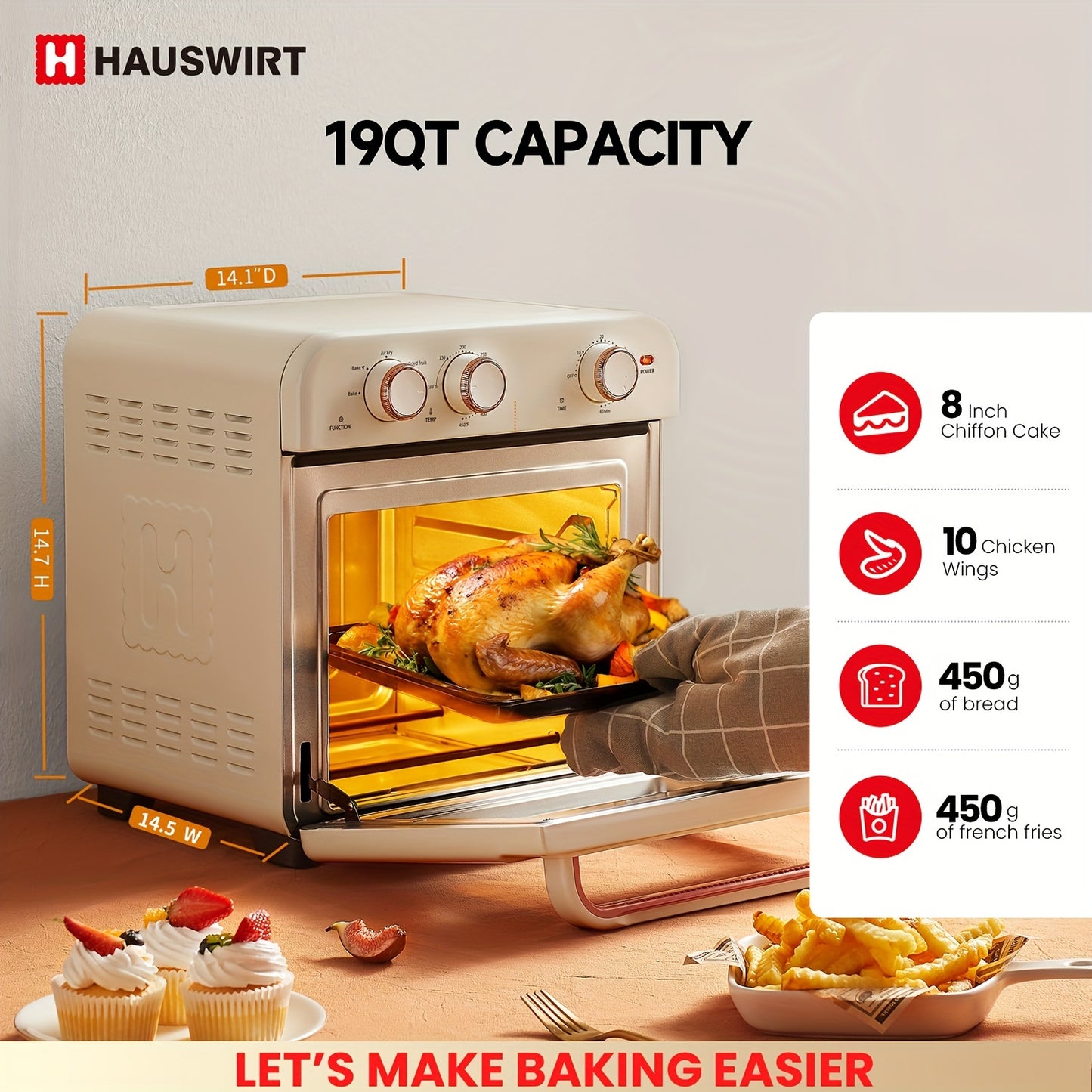 Hauswirt Air Fryer Conventional Oven K3, 6-in-1 Combo, 19L Extra Capacity Air Fryer, Baking And Frying Integrated, 1250 Watts, 150°F - 450°F, Non-Stick, Stainless Steel, Online Recipe Booklet