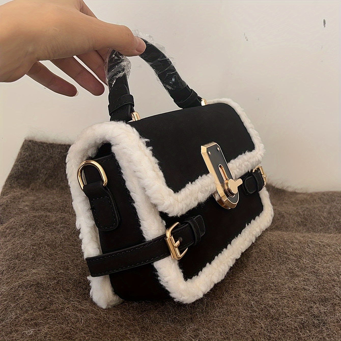 Chic Vintage Black Plush Handbag - Versatile Faux Suede Crossbody Bag with Adjustable Strap, Large Capacity, Lock Closure - Perfect for Everyday & School