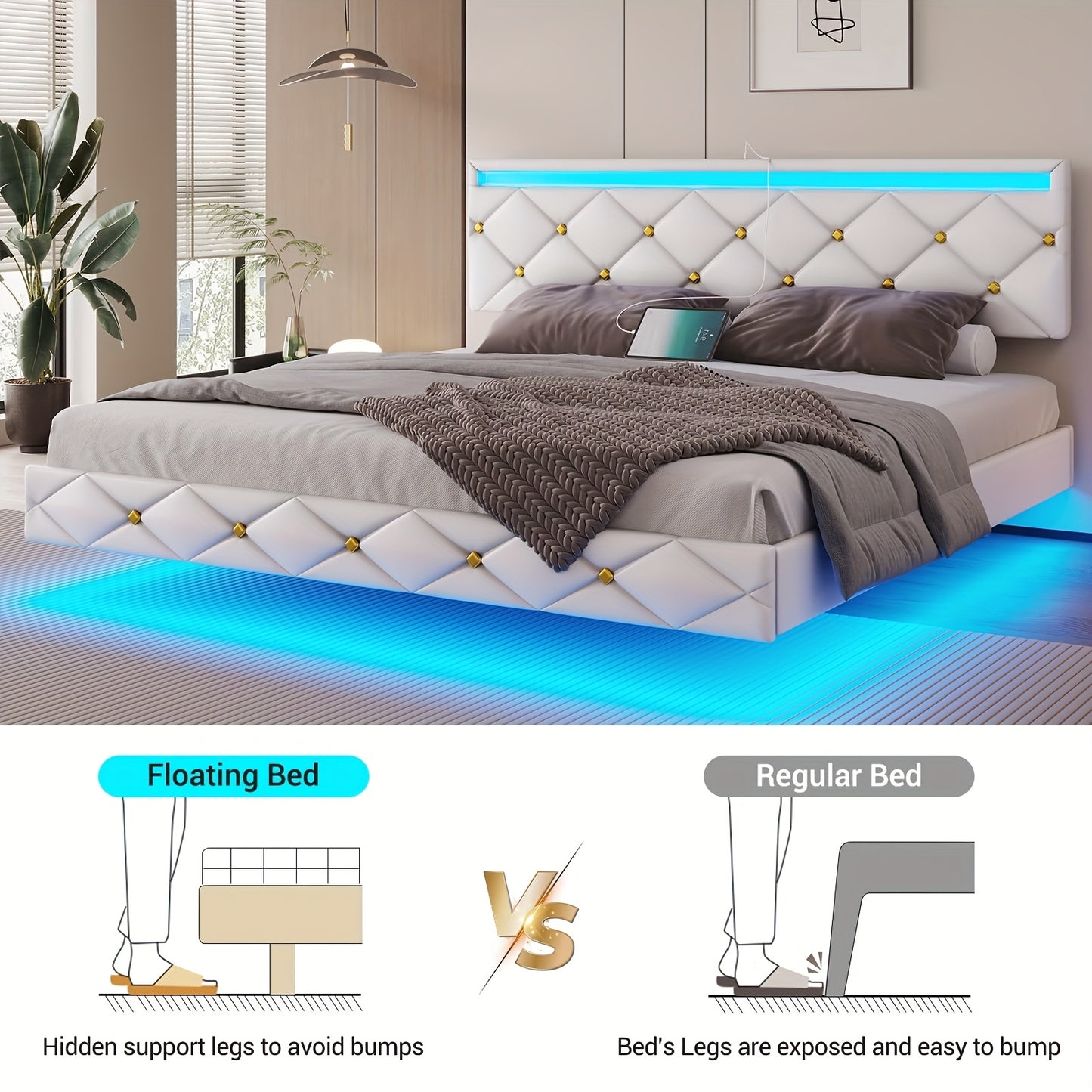 King Bed Frame With LED Light And USB Port, LED Bed Frame With Headboard Faux Leather Low Profile Floating Bed Frame, White