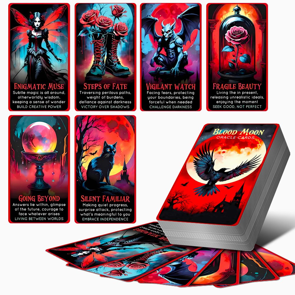 Blood Moon Oracle Cards - 40pcs Gothic Red & Black Halloween Deck with Meanings, Perfect Beginner's Guide for Friends and Family