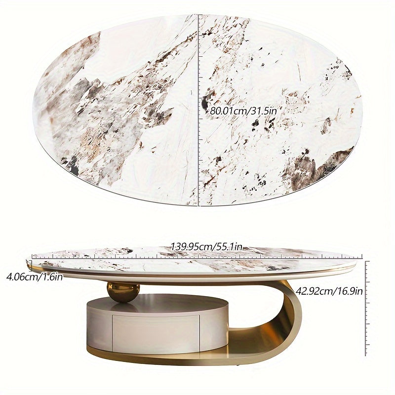 Luxury Modern Oval Coffee Table, High And Low Design, Metal And Faux Marble With Drawer