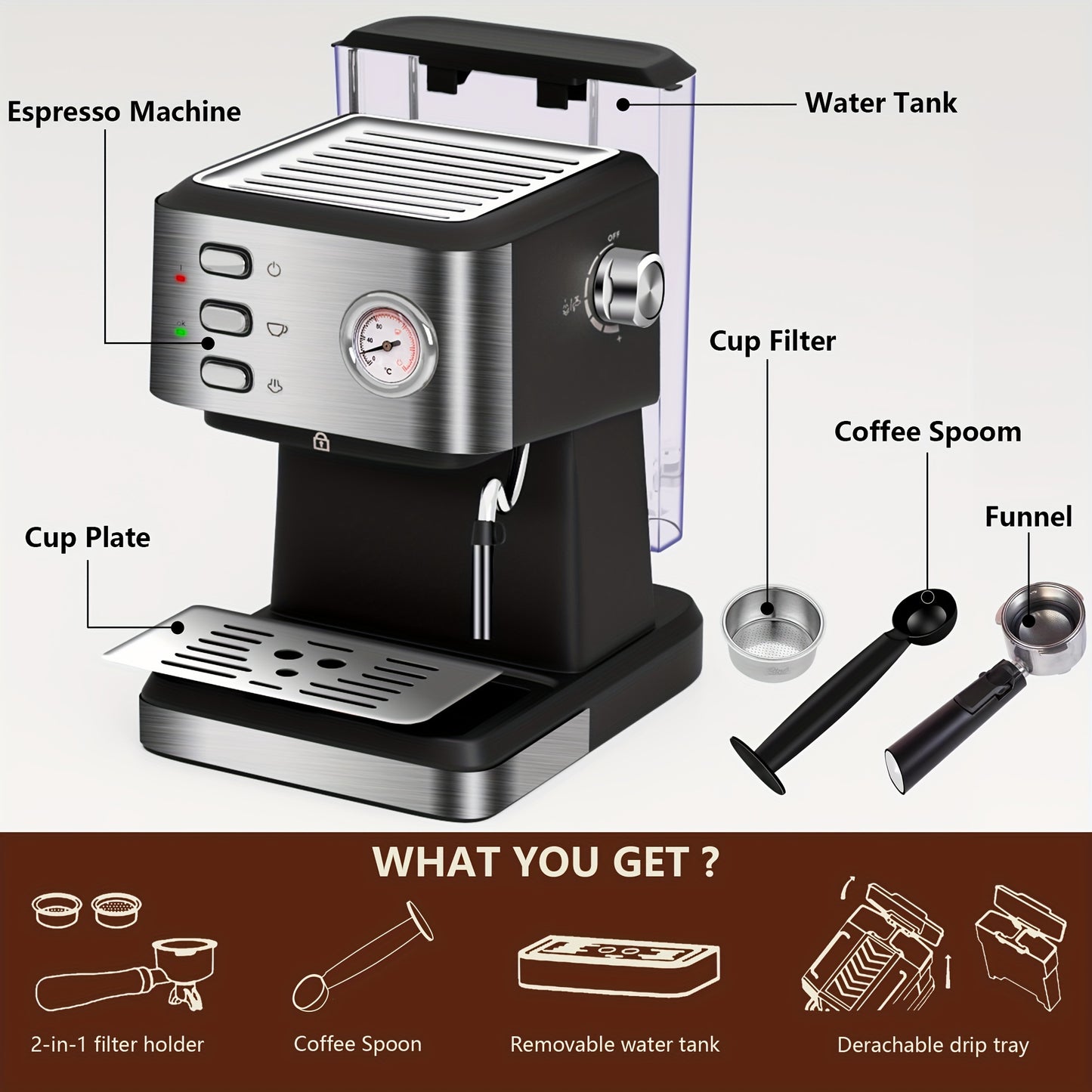 Espresso Machine 20 BAR, Cappuccino & Latte Machine With Built-In Milk Frother, One-Touch Single Or Double Shot, 1.5L Water Tank, Stainless Steel, Intelligent Temperature Control With Build-in Thermometer