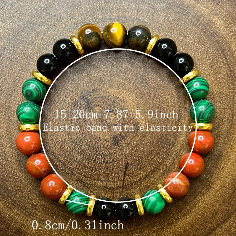 1pc Tiger Eye & Malachite Elastic Bracelet with Red Jasper Beads for Daily Wear, Holiday Gifts for Family and Friends