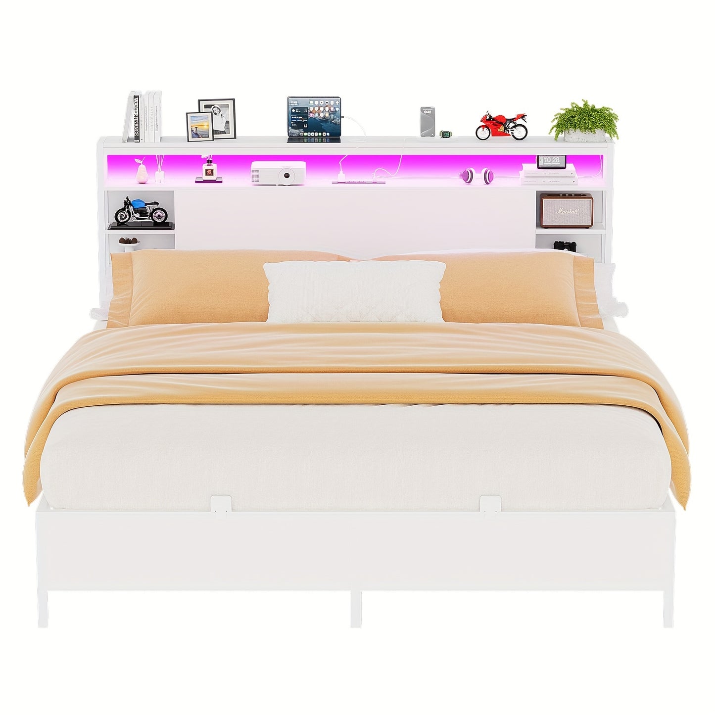 Unikito King Size Bed Frame With Storage Headboard, Power Socket And Smart LED Lights, Sturdy And Stable Platform Bed, Heavy Duty Metal Slats, Noise Free, No Box Spring Needed, Easy To Assemble, White