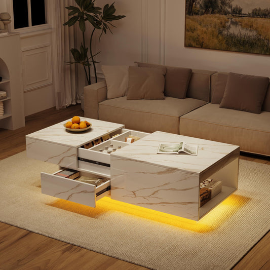 LED Coffee Table, 43" UV High Gloss Modern Center Table With 2 Drawers & Hidden Storage Compartment & Open Compartments, Modern Extendable Cocktail Table (Marble Black Or White)