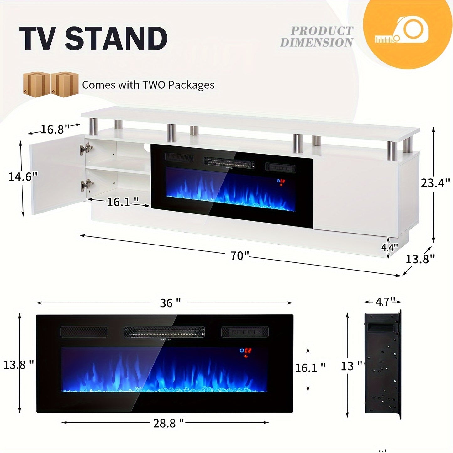 Fireplace TV Stand With 36" Electric Fireplace, 70" 2 Tier TV Console Stand For TVs Up To 80", LED Light Entertainment Center, Fireplace For The Living Room TV Stand, White