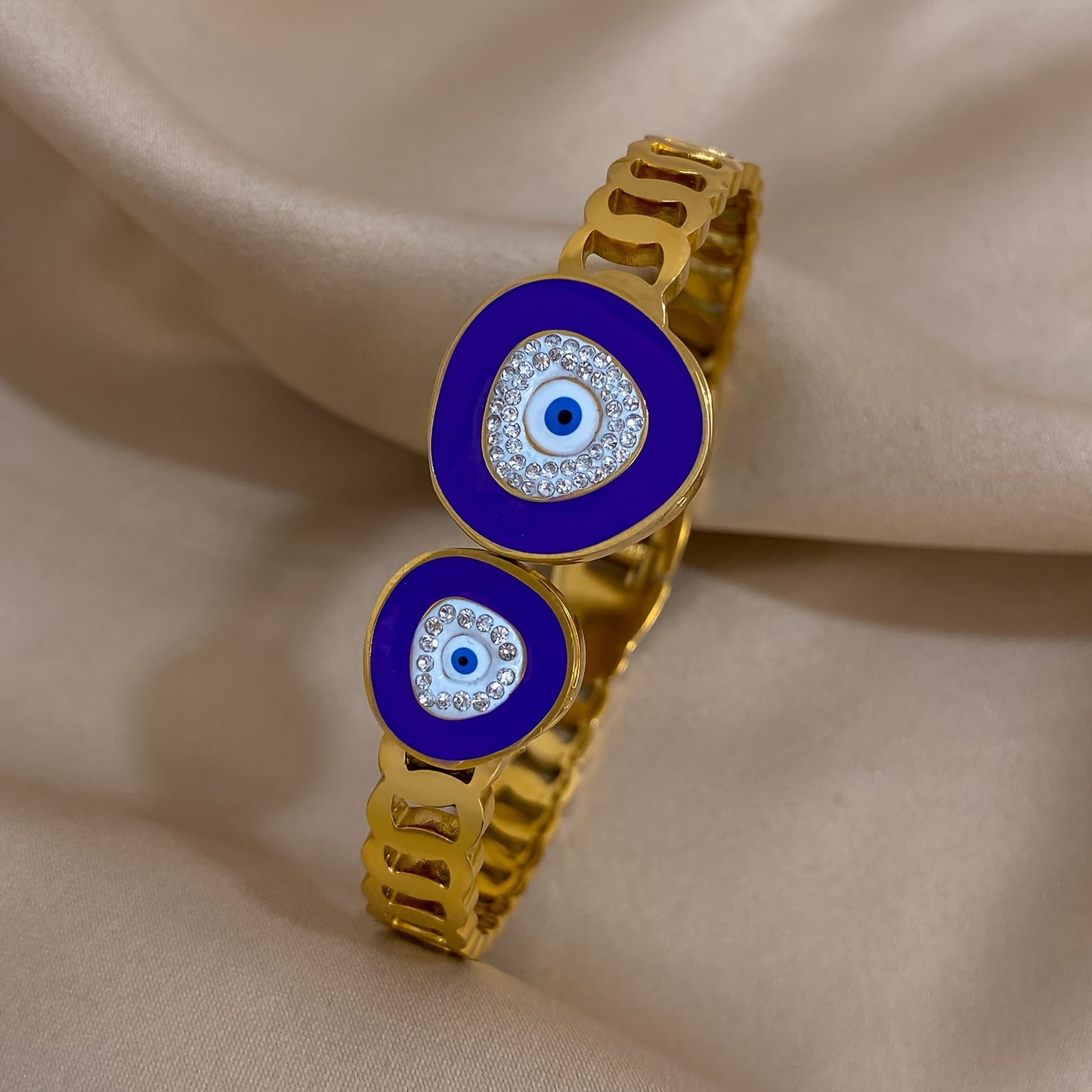 Stainless Steel Gold-Plated Evil Eye Cuff Bracelet - Punk Style Double Blue Eye Design - For Women - Perfect for Weddings, Anniversaries, Birthdays & More - Ideal Gift for Fashion Lovers