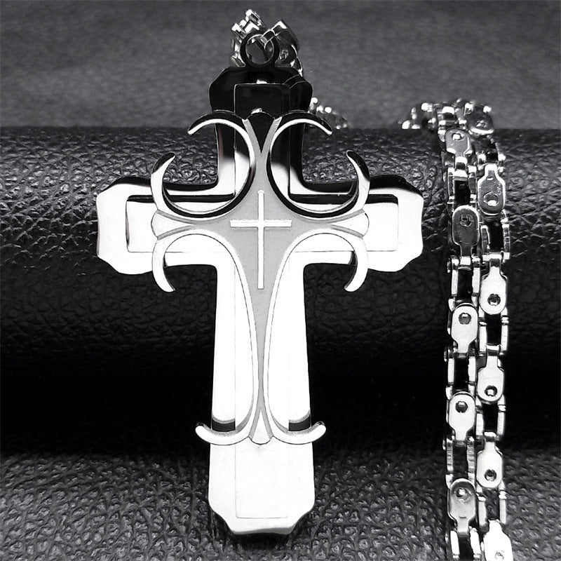 A Hip-hop Punk Double-layer Stainless Steel Cross Pendant Necklace For Men, Punk Jewelry Christmas Gift