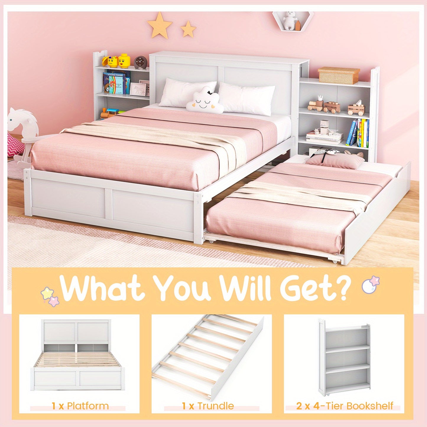 SAFSTAR Twin/Full Platform Bed with Trundle, Wooden Bed Frame with 2 Rolling Bookcases & High Headboard, Storage Platform Bed for Girls Boys, No Box Spring Needed, White