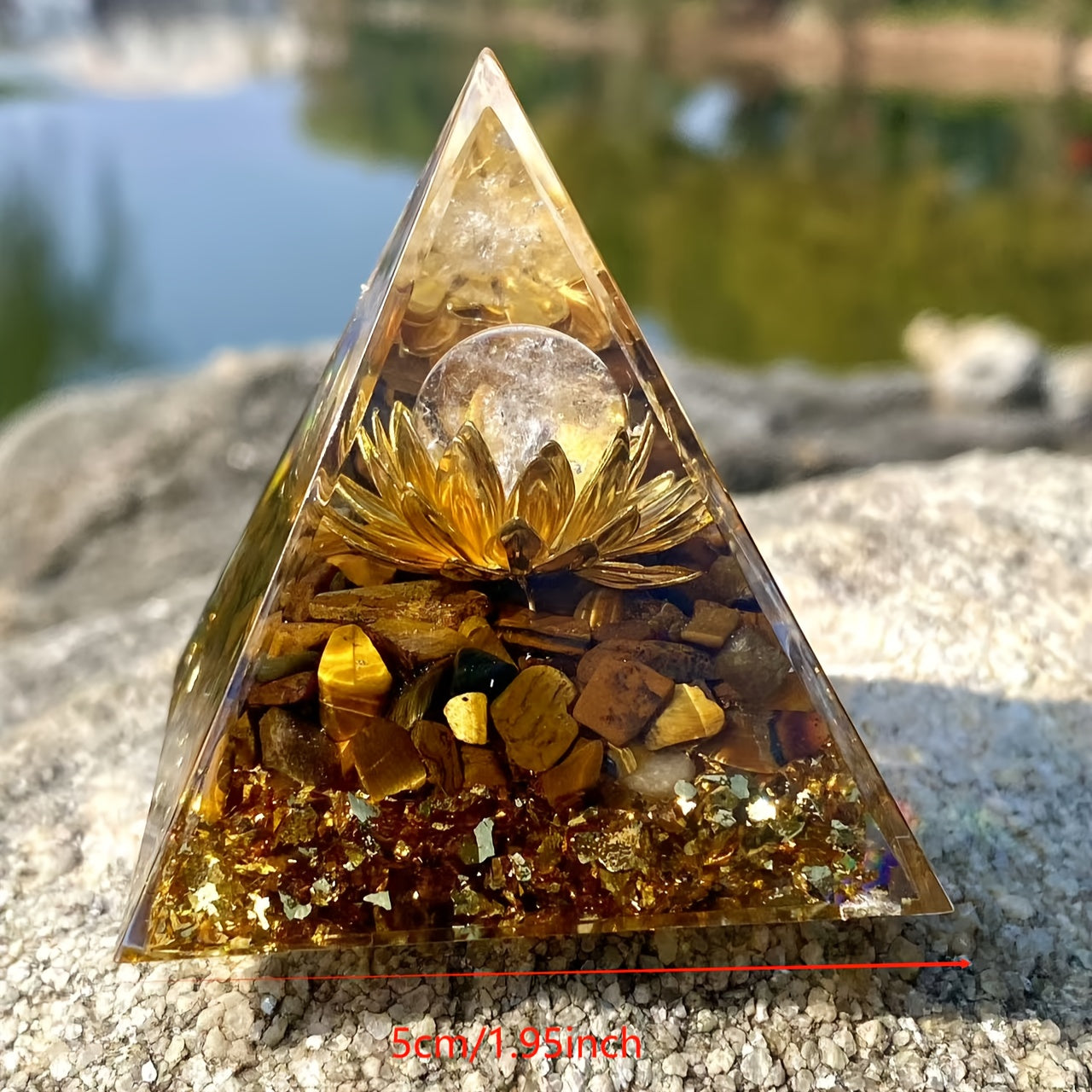 1pc Orgone Abundance Pyramid with Tiger's Eye & White Crystal - Attract Wealth, Prosperity & Success | Sparkling Golden Glitter Accents for Positive Energy & Spiritual Growth | Ideal for Home Decor & Good Luck Charm