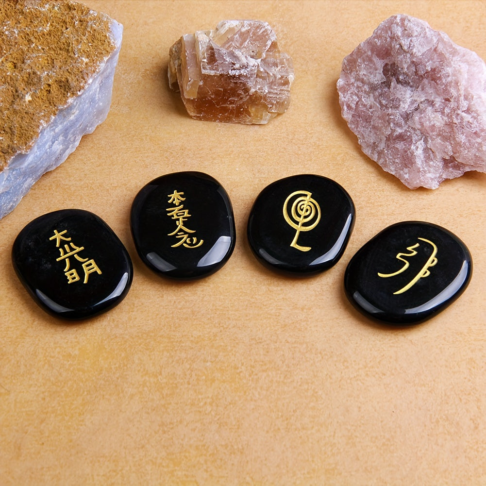 4pcs Natural Crystal Stones Engraved Chakra Symbols Polished Palm Stones for Reiki Crystal (Amethyst, Rose quartz, Green aventurine, Fluorite, Lapis, Black obsidian) -Beading&Jewelry Making