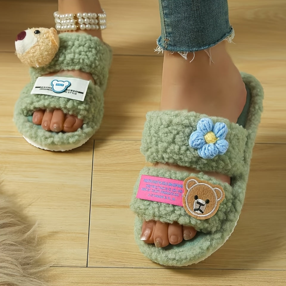 New Autumn And Winter Women'S Fluffy Slippers Designed in Dopamine Colors with Cartoon Bear Patches And Flat Non-Slip Soles.