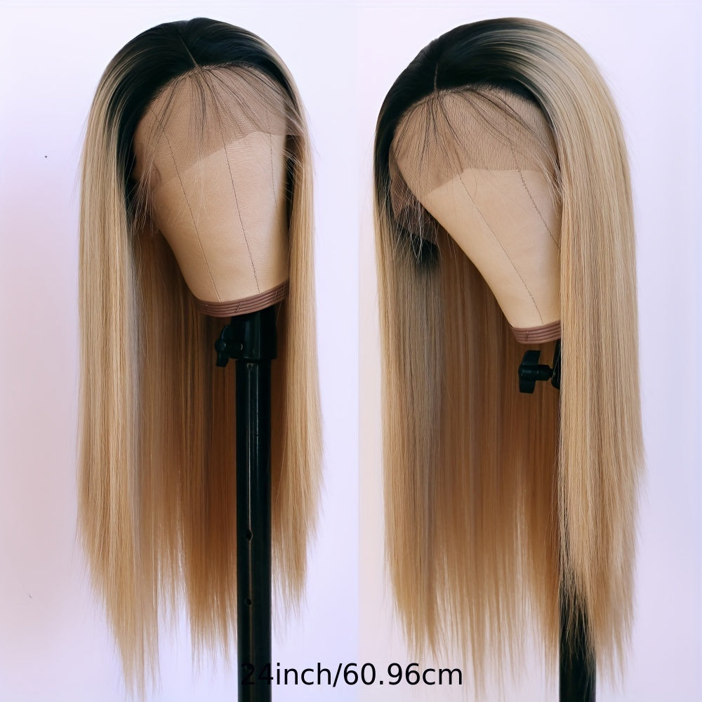 13x4 Ash Blonde Synthetic Lace Front Wigs Pre Plucked Free Part Glueless Long Silky Straight Two Tone Color Ombre Blond Hair Heat Resistant Fiber Frontal Lace Replacement Wigs For Fashion Women Girls Daily Party Makeup Use Re