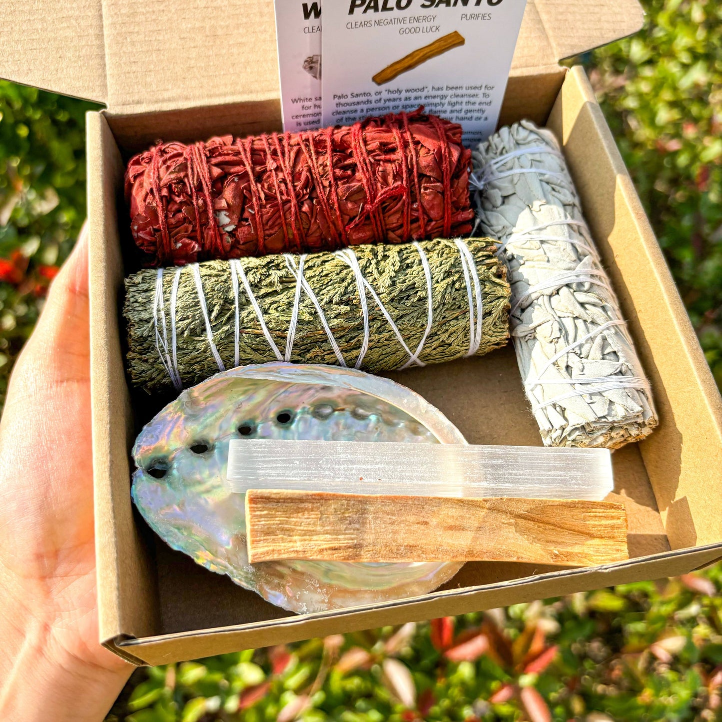 A Set Of Incense Kit - Contains White Sage, Cedarwood, Dragon's Blood Sage, Palo Santo, Abalone Shell, Amethyst Necklace, An Ideal Choice for Gifting