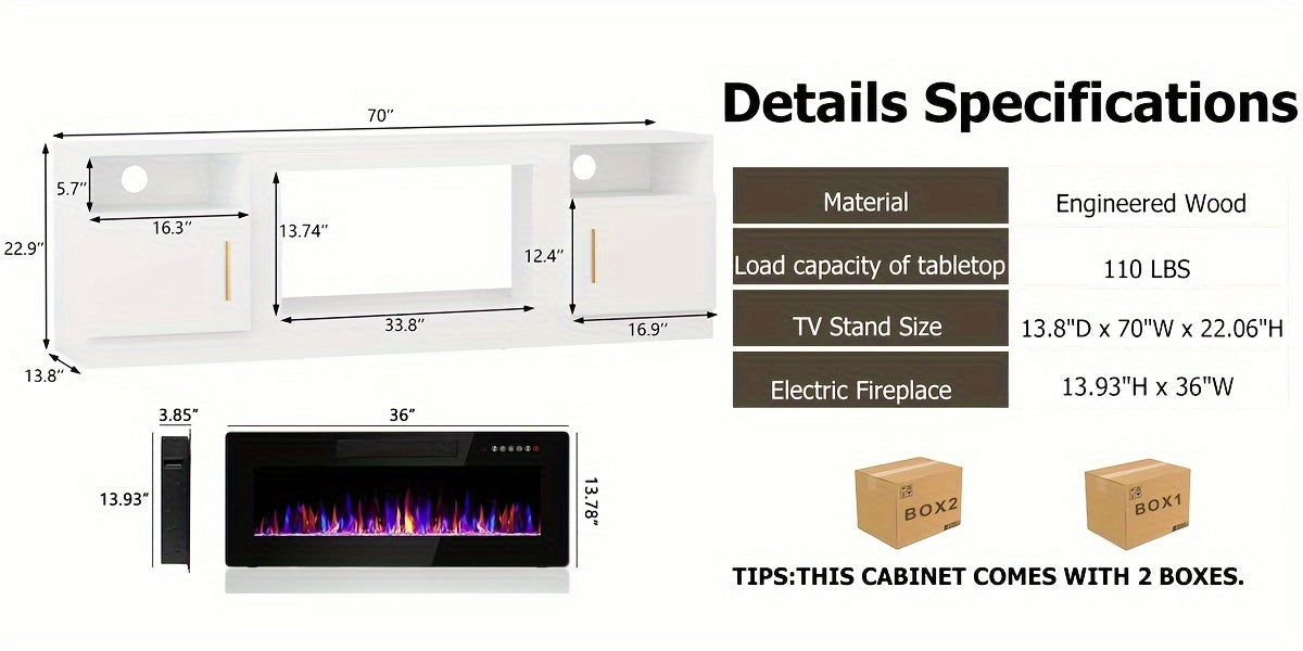 Lemberi Fireplace tv Stand with 36 inch Fireplace Up to 80" TVs, LED Light Entertainment Center and Storage, 70" Modern Wood Media TV Console with Highlight Cabinet for Living Room