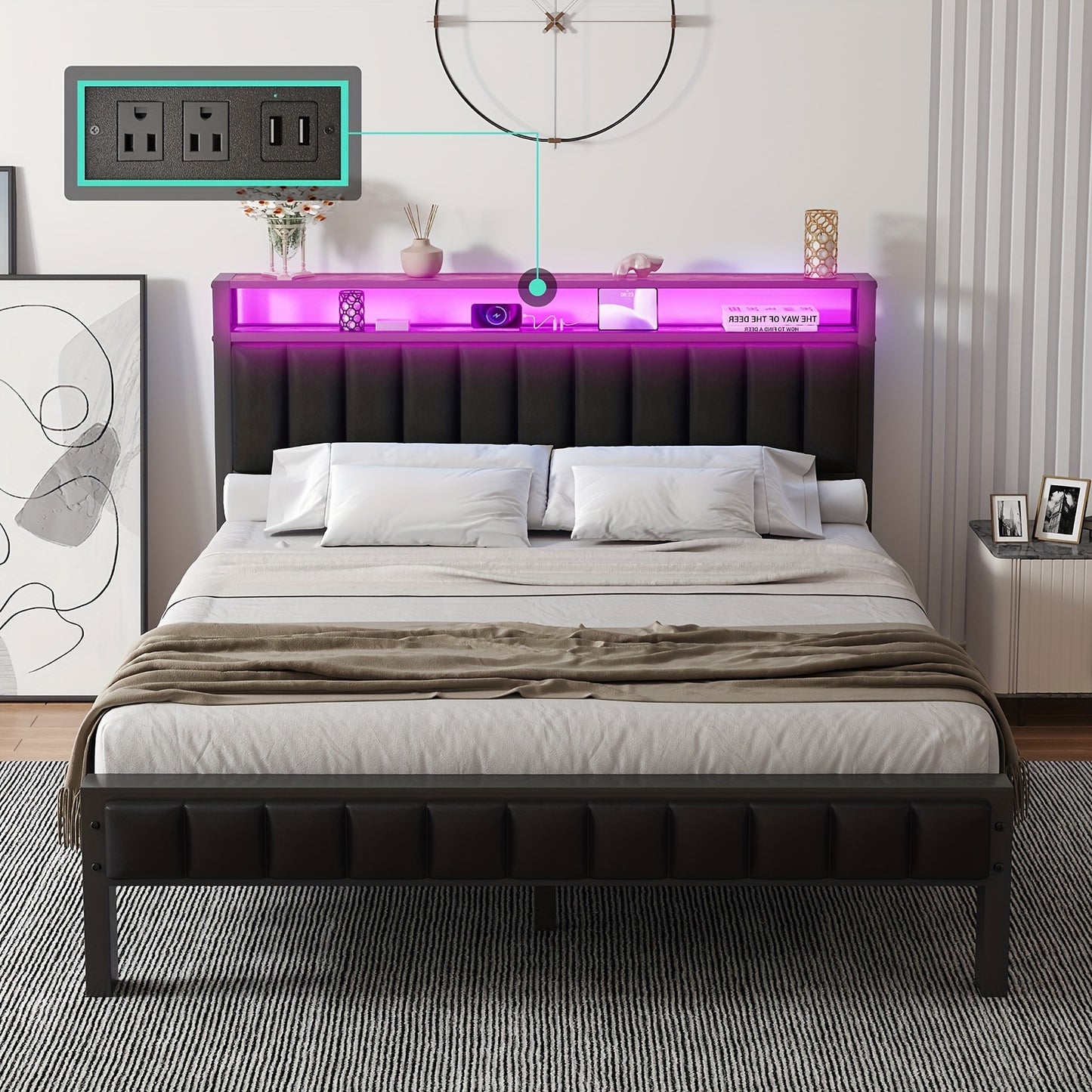 Bed Frame, LED Platform Bed with Faux Leather Headboard, Charging Station, 2-Tier Storage Space/No Box Spring Needed/Noise-Free