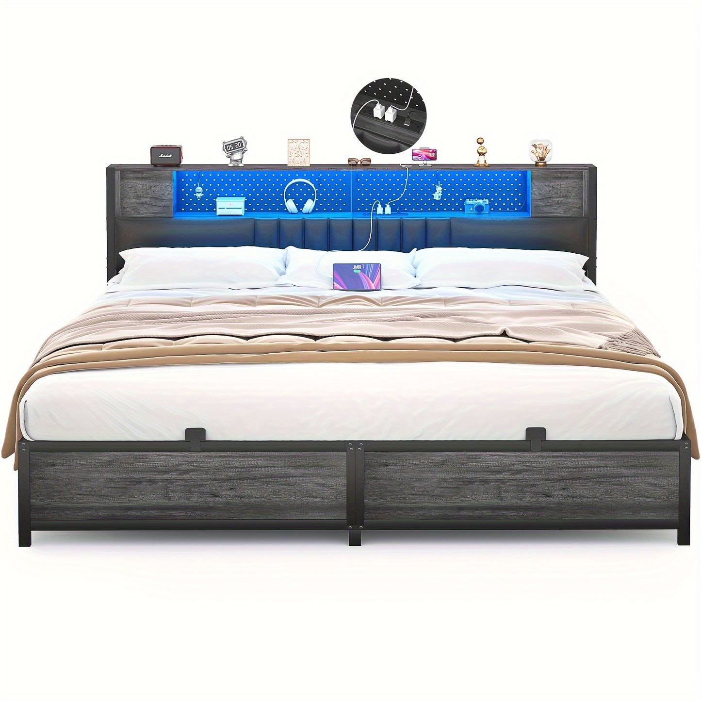 Unikito King Size Bed Frame with LED Light & Power Outlets, Platform Full Size Bed with Upholstered Headboard and Storage, Sturdy Metal Slats Support, No Box Spring Needed, Easy Assembly, Noise-Free, Dark Black Oak